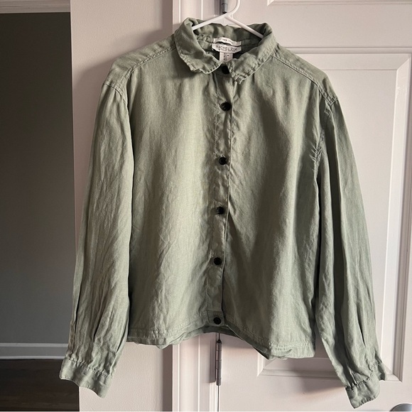 Rachel Zoe Linen Green Long Sleeve Button Down Shirt Jacket Size Large Cabincore - Picture 1 of 7
